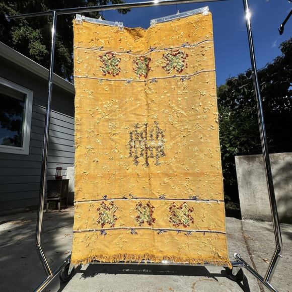 Vintage Moroccan Sumouk Kilim Hanbel Silk Area Rug Wall Hanging Saffron 3'x5' - Picture 8 of 10